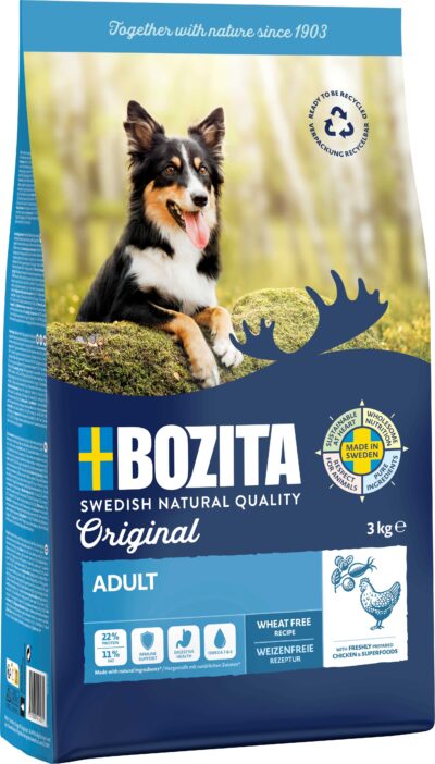 Bozita Original Wheat Free koeratoit - nisuvaba täissööt normaalse aktiivsusega täiskasvanud koerale.
