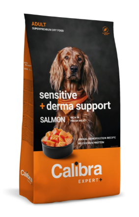 Calibra Dog Expert+ Adult Sensitive & Derma Support - täissööt tundliku naha ja karvaga koertele 750g ja 12kg